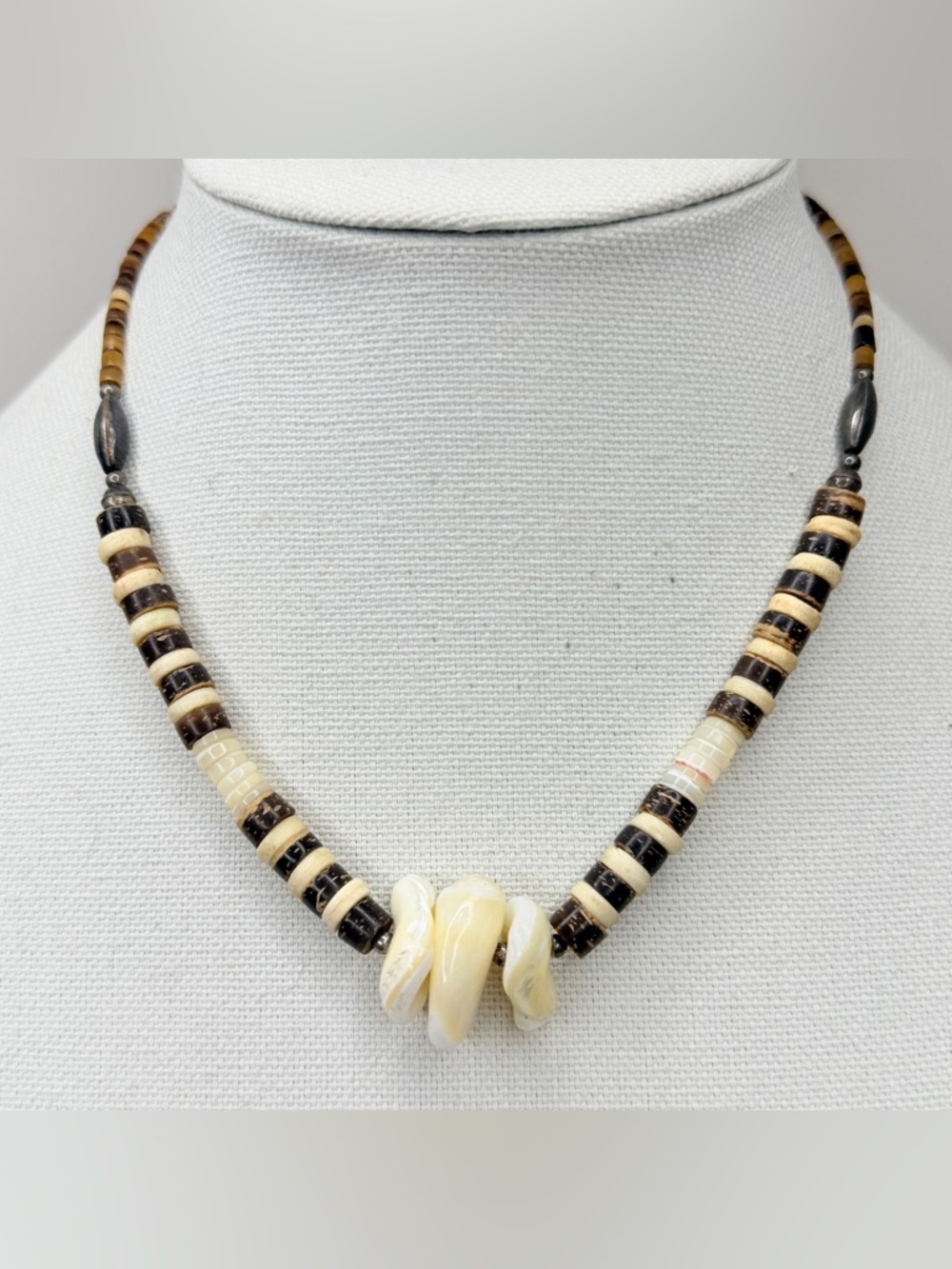 Handmade Coconut Shell Bead Necklace Shell Pendant Tested Silver Boho Tribal